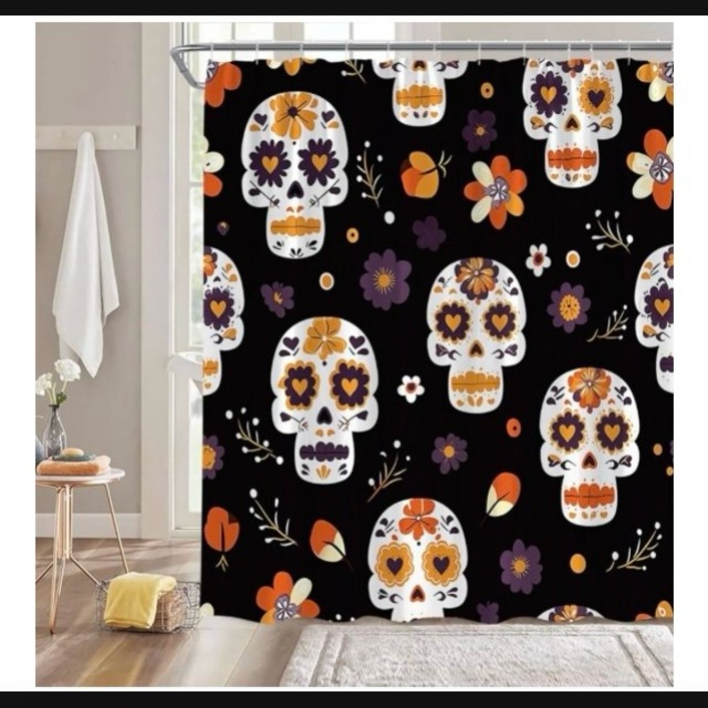 🌼💀🌼Sugar Skulls w/flowers Shower Curtain/Party Backdrop. Black, Orange, Purple